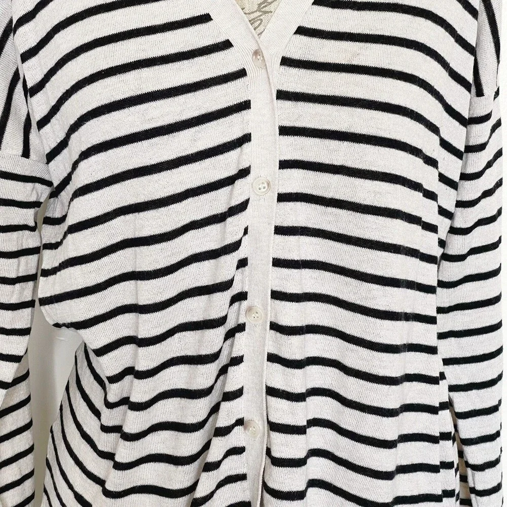 Loft Womens  Sweater Medium Cardigan Button Down Striped Beige Wool Blend Ribbed - Picture 4 of 12